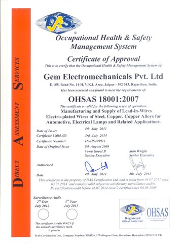 OHSAS 18001-2007 Occupational Health and Safety Management System Certification